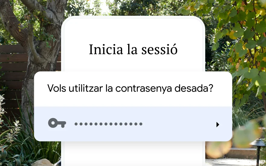 Una pàgina d'inici de sessió per a la reserva d'un viatge que demana utilitzar una contrasenya desada. Al fons es veu una escena de la natura.