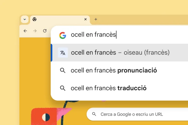 Pàgina de cerca de Google amb la imatge d'un ocell i la consulta 'ocell en francès' amb el resultat 'oiseau'