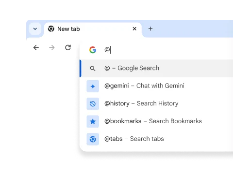 A drop-down with shortcuts for Gemini, History, Bookmarks and Tabs.