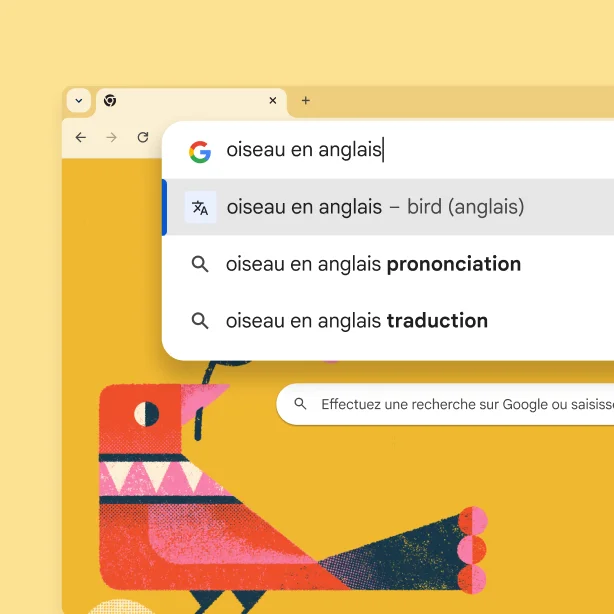 Une page de recherche Google montrant une image d'oiseau et une recherche pour 'oiseau en anglais' avec le résultat 'bird'.