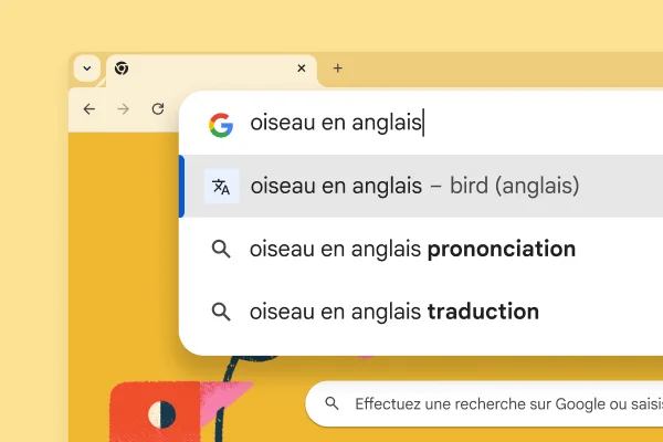 Une page de recherche Google montrant une image d'oiseau et une recherche pour 'oiseau en anglais' avec le résultat 'bird'.