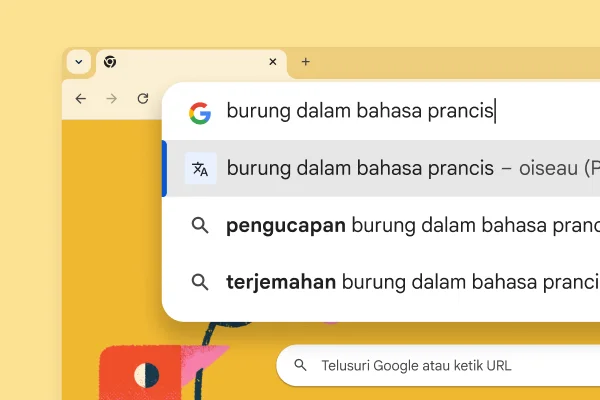 Halaman penelusuran Google dengan gambar burung dan penelusuran untuk “Burung dalam bahasa Prancis” dengan hasil “oiseau”