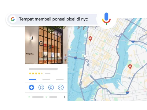 Penelusuran suara “Tempat membeli ponsel Pixel di NYC” menampilkan hasil Google Store di NYC.