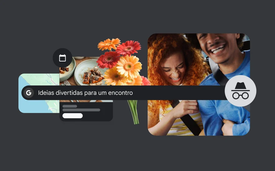 Uma barra de pesquisa diz 'Ideias divertidas para encontros' com flores, uma refeição, um mapa e um casal rindo.