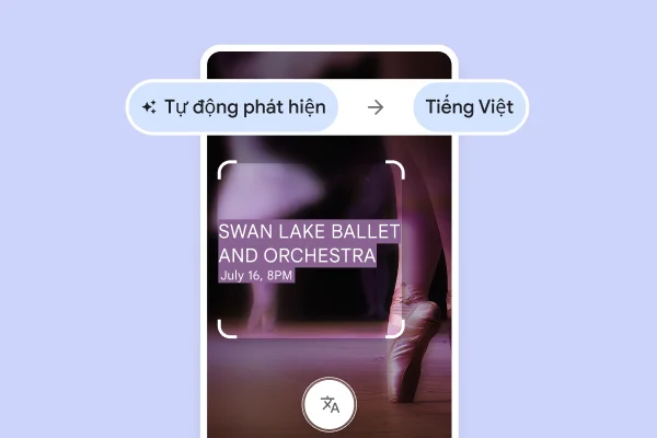 Một trang web có hình ảnh đôi chân đi giày ba lê đang đứng trên đầu ngón chân và bản dịch 'Swan Lake ballet and Orchestra, July 16, 8pm' (Dàn nhạc và vở ba lê Hồ Thiên Nga, 8:00 CH ngày 16 tháng 7)