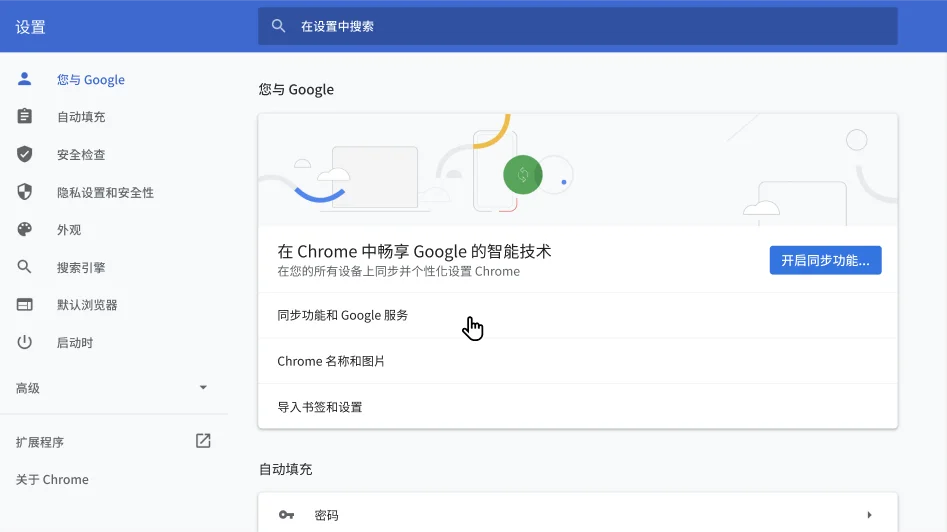 显示“您与 Google”选项菜单的 Chrome 浏览器设置窗口。
