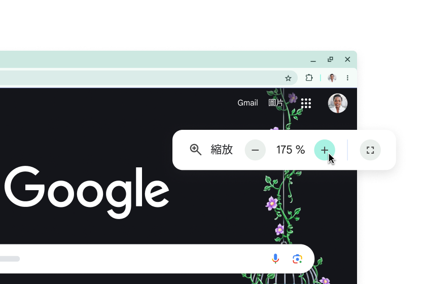 使用者介面放大後的 Google 首頁和縮放比例設定為 175% 的彈出式視窗