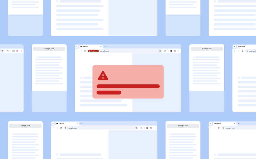 Generic web pages float on a light blue background. A red pop-up with a red alert icon is in front.